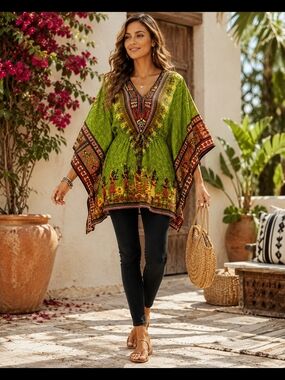 Boho VโNeck Tunic Top Green Multicolor Flowy Blouse Adjustable Fit. S-XL